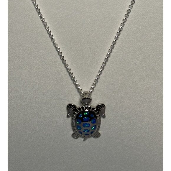 Blue Opal Turtle Pendant in Thick Silver Italian Made 16” 2mm Silver Rolo Chain - Picture 3 of 6